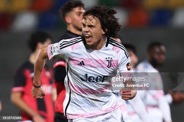 Martin Palumbo of Juventus Next Gen celebrates after scoring his team's first goal during the Coppa Italia Serie C match between Lucchese 1905 and...