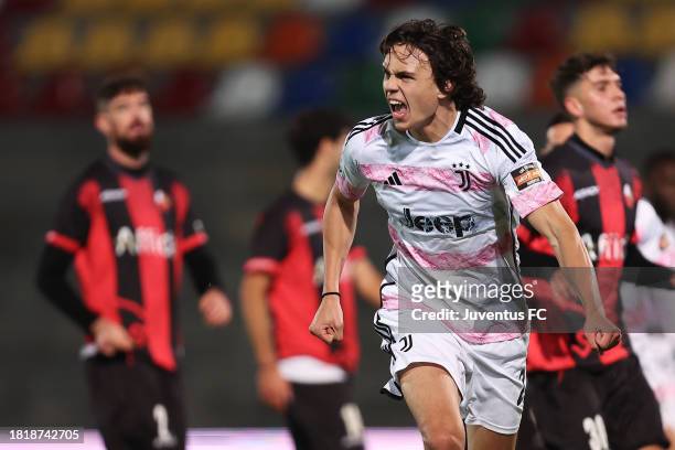 Martin Palumbo of Juventus Next Gen celebrates after scoring his team's first goal during the Coppa Italia Serie C match between Lucchese 1905 and...
