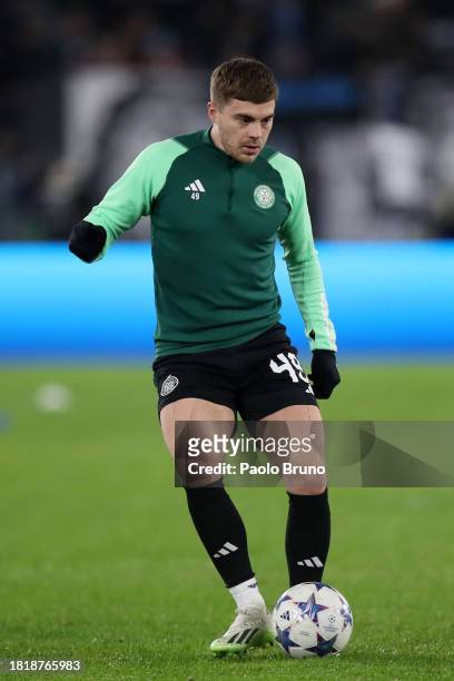 James Forrest of Celtic warms up prior to the UEFA Champions League match between SS Lazio and Celtic FC at Stadio Olimpico on November 28, 2023 in...