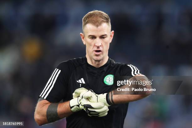 Joe Hart of Celtic warms up prior to the UEFA Champions League match between SS Lazio and Celtic FC at Stadio Olimpico on November 28, 2023 in Rome,...