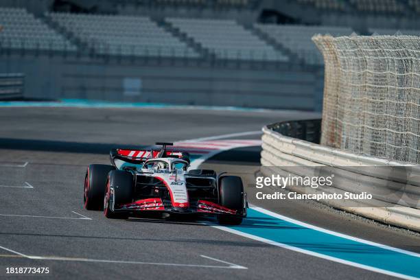 Oliver Bearman of Great Britain and Haas F1 Team drives on track during Formula 1 testing at Yas Marina Circuit on November 28, 2023 in Abu Dhabi,...