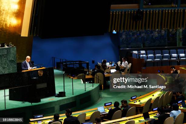 Permanent Representative of Egypt to the United Nations Osama Abdel Khalek speaks during the General Assembly 39th plenary meeting at the United...