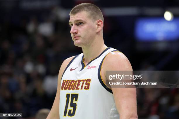Nikola Jokic of the Denver Nuggets reacts against the New Orleans Pelicans during the second half of an NBA In-Season Tournament game at the Smoothie...