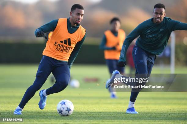 Gabriel Jesus and Gabriel of Arsenal during a training session at Arsenal Training Ground on November 28, 2023 in London, England.