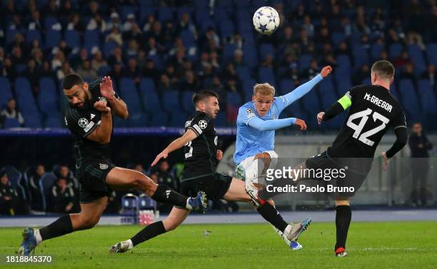 Gustav Isaksen of SS Lazio shoots and misses during the UEFA Champions League match between SS Lazio and Celtic FC at Stadio Olimpico on November 28,...