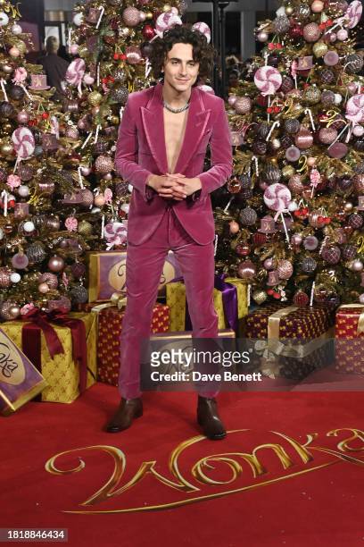 Timothee Chalamet attends the World Premiere of "Wonka" at The Royal Festival Hall on November 28, 2023 in London, England.