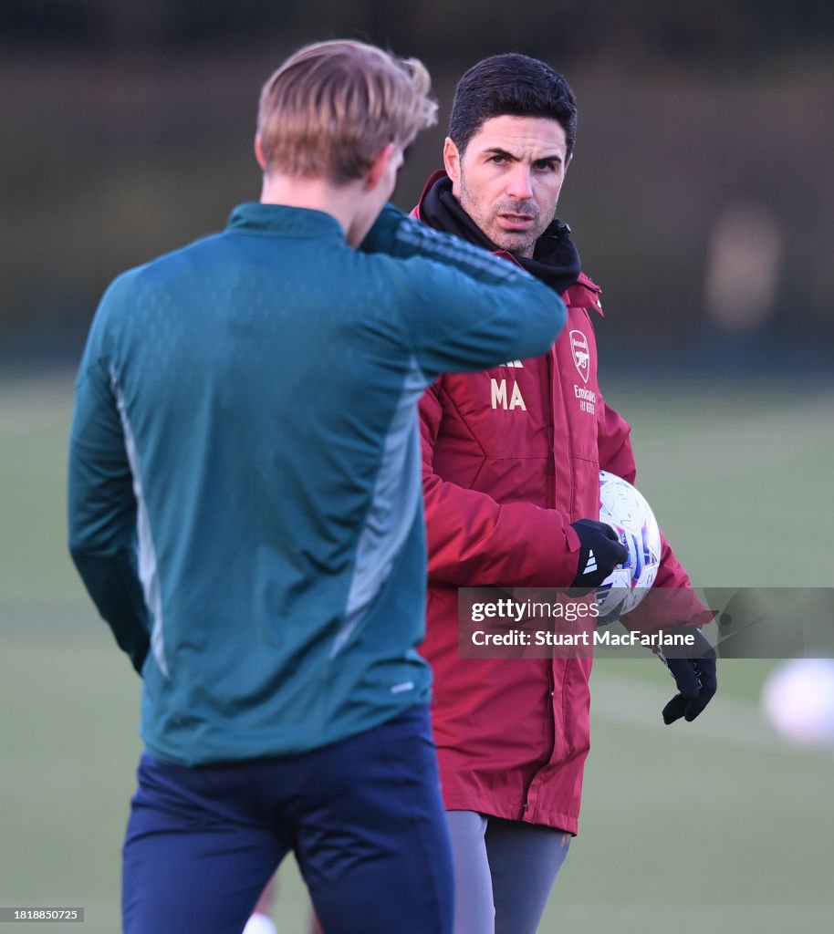 Arsenal manager Mikel Arteta with Martin Odegaard during a training News  Photo - Getty Images