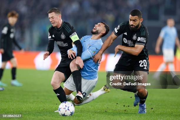 Callum McGregor of Celtic FC, Taty Castellanos of SS Lazio and Cameron Carter-Vickers of Celtic FC battle for the ball during the UEFA Champions...