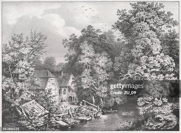 stockillustraties, clipart, cartoons en iconen met northumberland mill, hideout of alfred the great, lithograph, published 1854 - northumberland