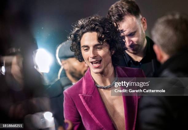 Timothee Chalamet attends the Warner Bros. Pictures world premiere of "Wonka" at The Royal Festival Hall on November 28, 2023 in London, England.