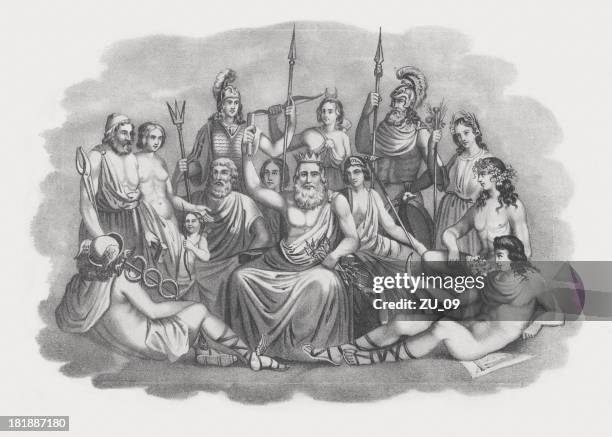 stockillustraties, clipart, cartoons en iconen met gods of greek mythology, lithograph, published in 1852 - greek mythology