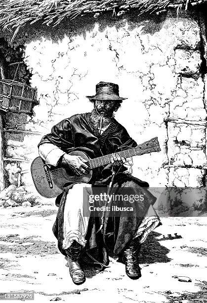 argentinische gaucho spielt gitarre - gauchos stock-grafiken, -clipart, -cartoons und -symbole