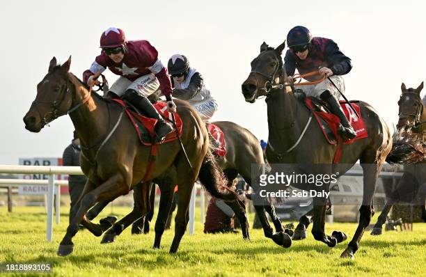 Meath , Ireland - 3 December 2023; Farren Glory, right, with Jack Kennedy up, on their way to winning the Bar One Racing Royal Bond Novice Hurdle,...