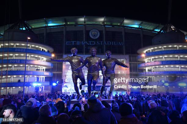 General view of the newly unveiled statute of Colin Bell, Francis Lee and Mike Summerbee in front of the stadium prior to the UEFA Champions League...