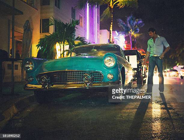 old american car from the 50's - ocean drive stock pictures, royalty-free photos & images