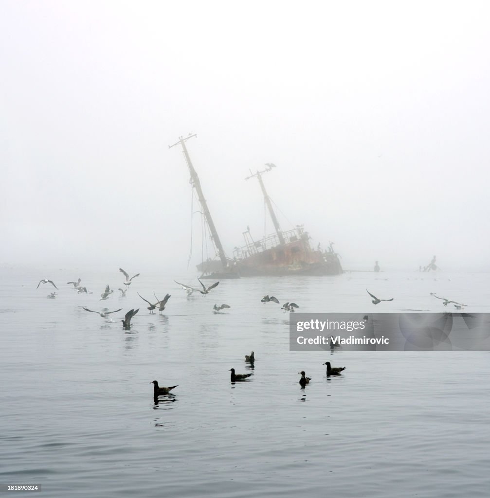 Barco destruido niebla