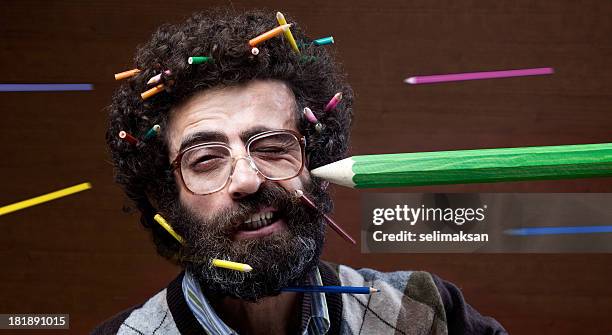 busy teacher confronting flying pencils - administrative professional stock pictures, royalty-free photos & images