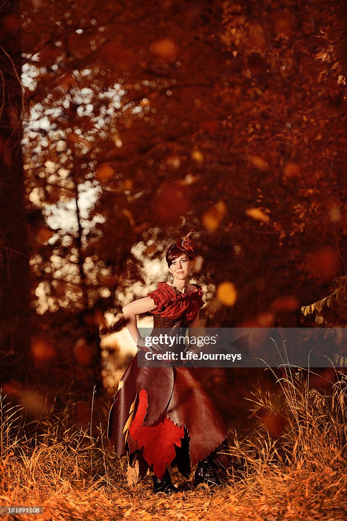 Steampunk Woman In Forrest Of Falling Leaves - Autumn's Arrival