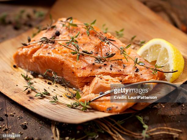 cedar wrapped salmon - baked salmon stock pictures, royalty-free photos & images