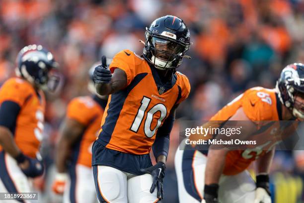 Jerry Jeudy of the Denver Broncos signals as he lines up during an NFL football game between the Denver Broncos and the Cleveland Browns at Empower...