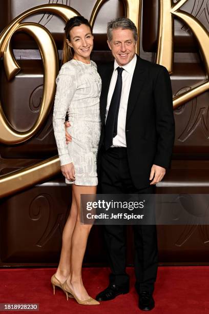 Anna Elisabet Eberstein and Hugh Grant attend the Warner Bros. Pictures World Premiere of "Wonka" at The Royal Festival Hall on November 28, 2023 in...