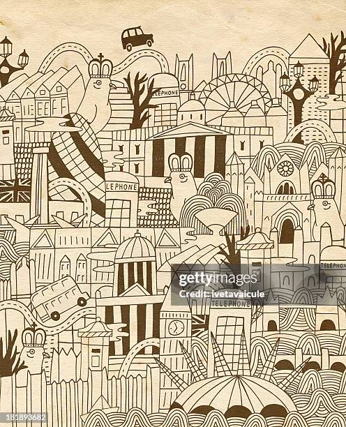 pattern of famous buildings and monuments in london uk - london millennium footbridge stock illustrations