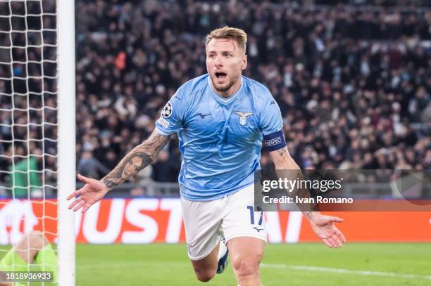 Ciro Immobile of SS Lazio celebrates after scoring the opening goal during the UEFA Champions League match between SS Lazio and Celtic FC at Stadio...