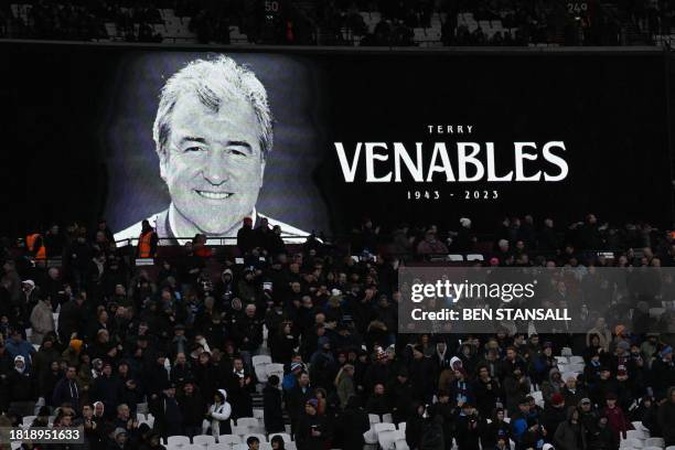 Tribute to former Crystal Palace manager Terry Venables is held ahead of kick-off in the English Premier League football match between West Ham...