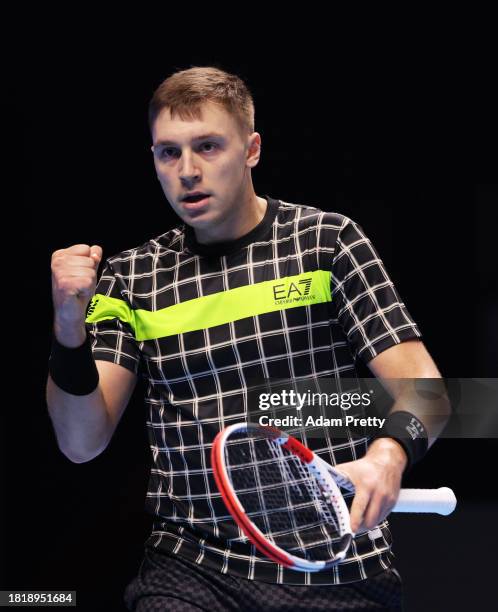 Hamad Medjedovic of Serbia celebrates a point against Alex Michelsen of United States during the Men's Singles Group Stage match on day one of the...