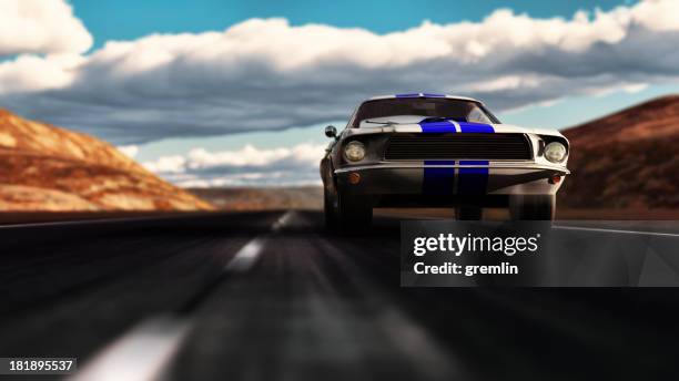 old ford mustang 1966 speeding on empty dessert road - coupe dessert stock pictures, royalty-free photos & images