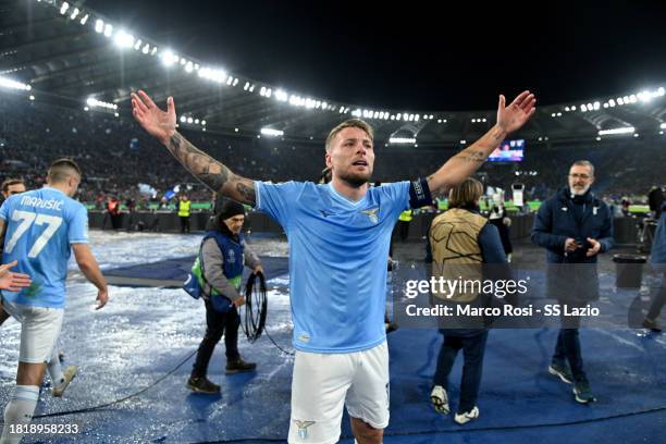 Ciro Immobile of SS Lazio celebrates the opening goal during the UEFA Champions League match between SS Lazio and Celtic FC at Stadio Olimpico on...