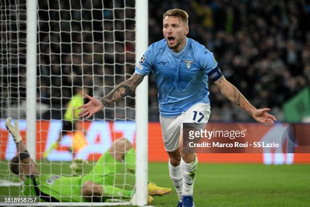 Ciro Immobile of SS Lazio celebrates the opening goal during the UEFA Champions League match between SS Lazio and Celtic FC at Stadio Olimpico on...