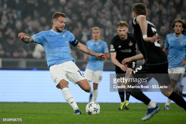 Ciro Immobile of SS Lazio scores a second goal during the UEFA Champions League match between SS Lazio and Celtic FC at Stadio Olimpico on November...