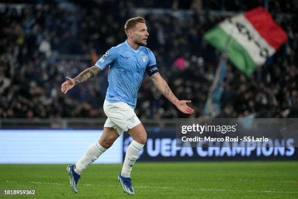 Ciro Immobile of SS Lazio celebrates a second goal during the UEFA Champions League match between SS Lazio and Celtic FC at Stadio Olimpico on...