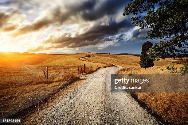 carretera de campo a través de los campos de toscana - carretera de tierra fotografías e imágenes de stock