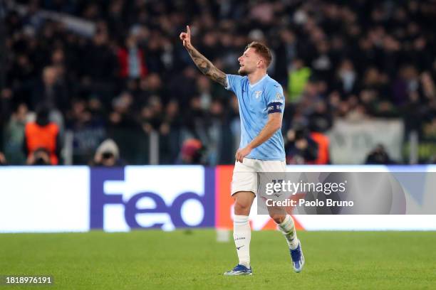 Ciro Immobile of SS Lazio celebrates after scoring the team's second goal during the UEFA Champions League match between SS Lazio and Celtic FC at...