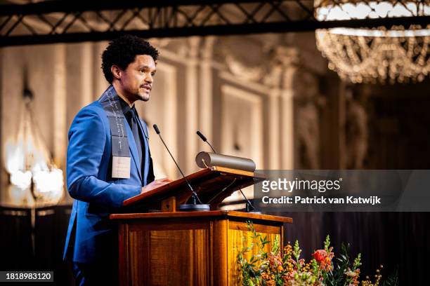 Comedian Trevor Noah gives a speech after he received the Erasmus Prize presented by King Willem-Alexander of The Netherlands at the Royal Palace...