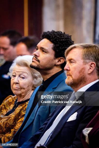 Princess Beatrix of the Netherlands, comedian Trevor Noah and King Willem-Alexander of The Netherlands during the Erasmus Prize Award ceremony at the...