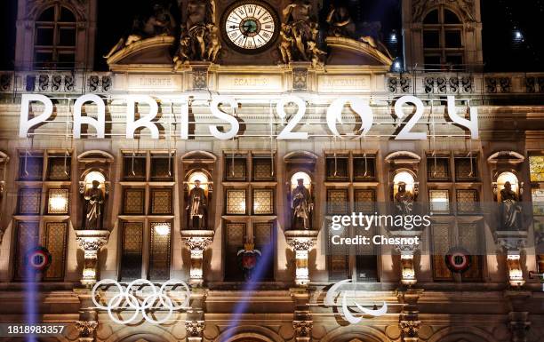 The logo, Paris 2024 representing the Olympic Games, several months prior to the start of the Paris 2024 Olympic and Paralympic Games is displayed on...