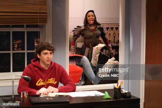 Emma Stone, Noah Kahan" Episode 1850 -- Pictured: Marcello Hernández and Ego Nwodim as Time Assassin during the "Posters" sketch on Saturday,...