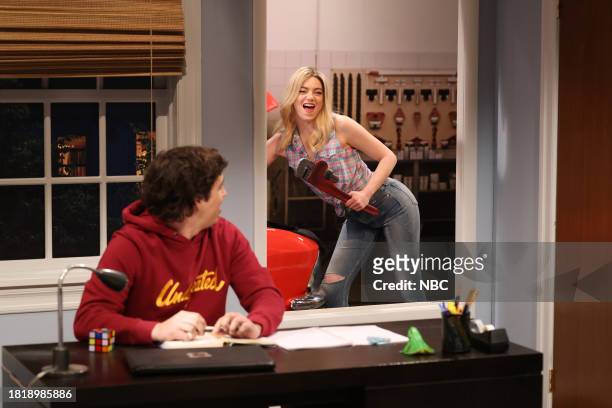 Emma Stone, Noah Kahan" Episode 1850 -- Pictured: Marcello Hernández and host Emma Stone as Krissy Knox during the "Posters" sketch on Saturday,...