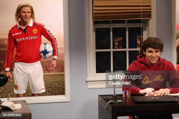 Emma Stone, Noah Kahan" Episode 1850 -- Pictured: Mikey Day as David Beckham and Marcello Hernández during the "Posters" sketch on Saturday, December...