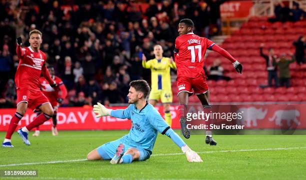 Middlesbrough player Isiah Jones celebrates after scoring the first goal past Preston goalkeeper Freddie Woodman during the Sky Bet Championship...