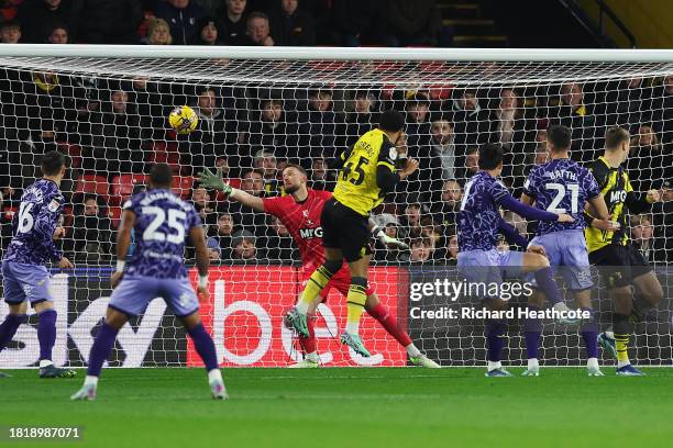 Danny Batth of Norwich City scores the team's first goal during the Sky Bet Championship match between Watford and Norwich City at Vicarage Road on...