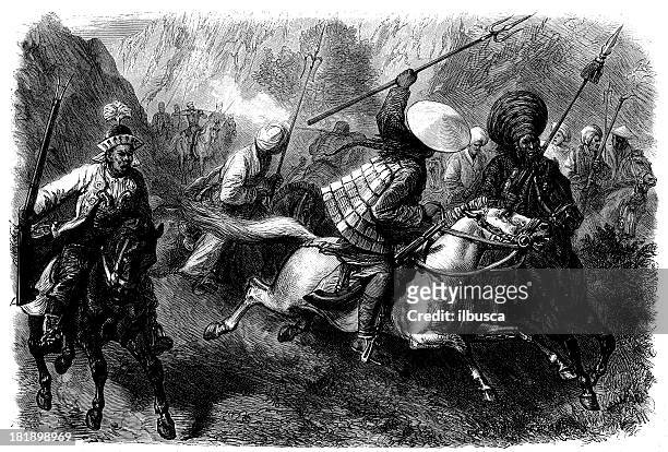 mongolian soldiers on horse fight - inner mongolia stock illustrations