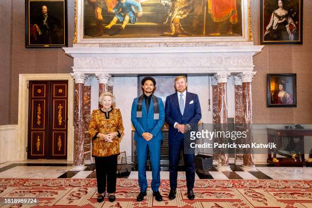 Princess Beatrix of The Netherlands, comedian Trevor Noah and King Willem-Alexander of The Netherlands during the award ceremony of the Erasmus Prize...