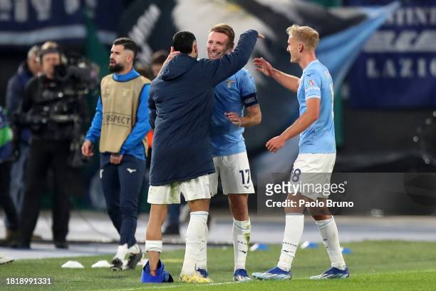 Ciro Immobile of SS Lazio celebrates with teammates after scoring the team's first goal during the UEFA Champions League match between SS Lazio and...