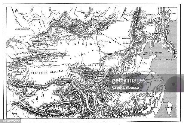 antique map of mongolia, china and tibet - mongolia map stock illustrations