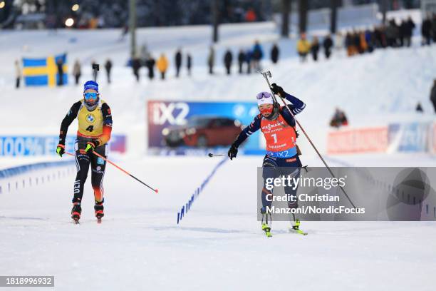 Franziska Preuss of Germany, Lou Jeanmonnot of France competes during the Women's 10 km Pursuit at the BMW IBU World Cup Biathlon Ostersund on...
