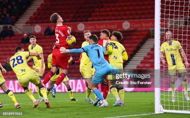 Middlesbrough player Rav van den Berg diverts the ball to score the second goal past Preston goalkeeper Freddie Woodman during the Sky Bet...